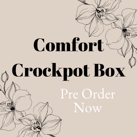 Advertisement for 'Comfort Crockpot Box' with floral illustrations on a beige background
