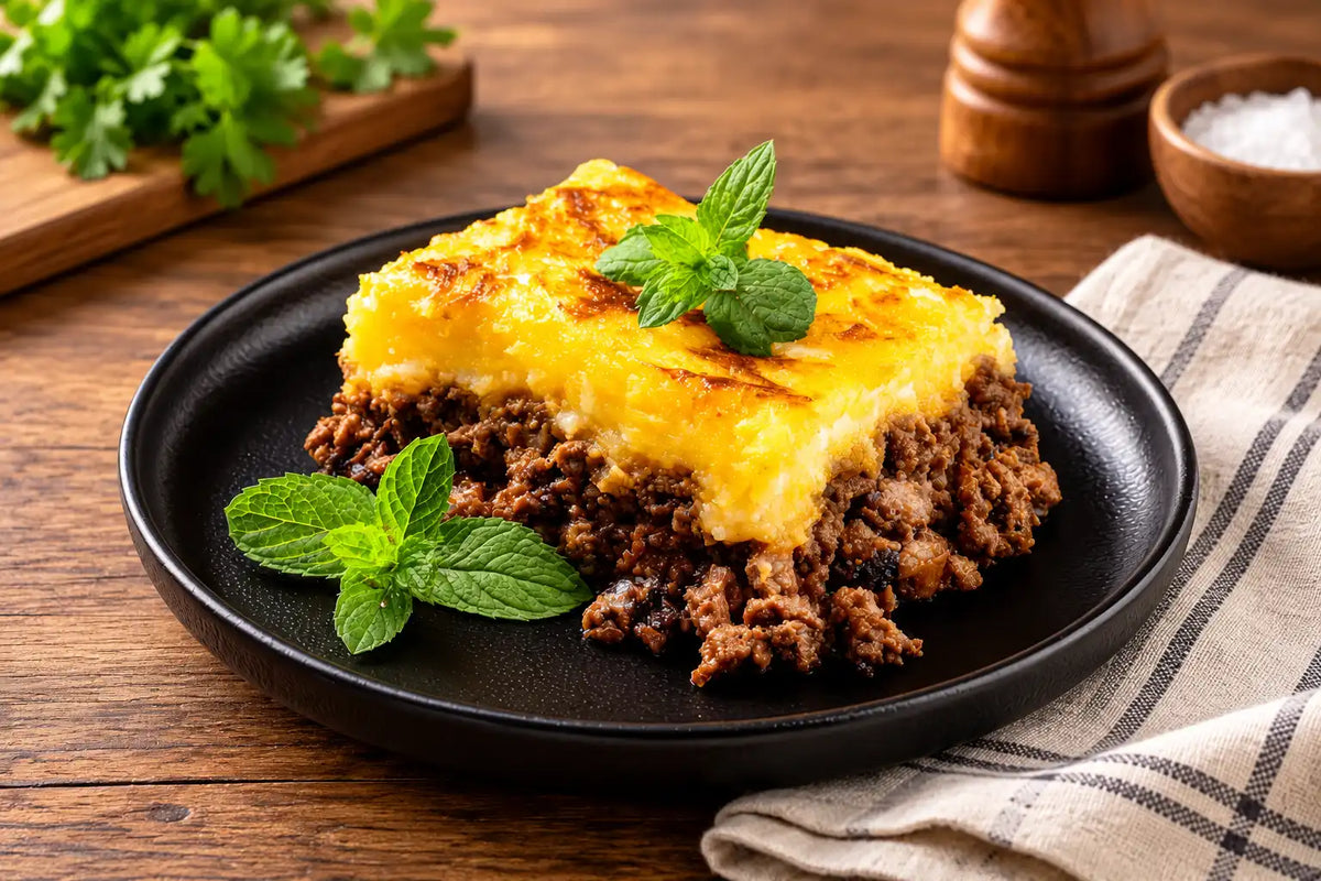 Cottage pie with a golden mashed potato topping, served from the baking dish