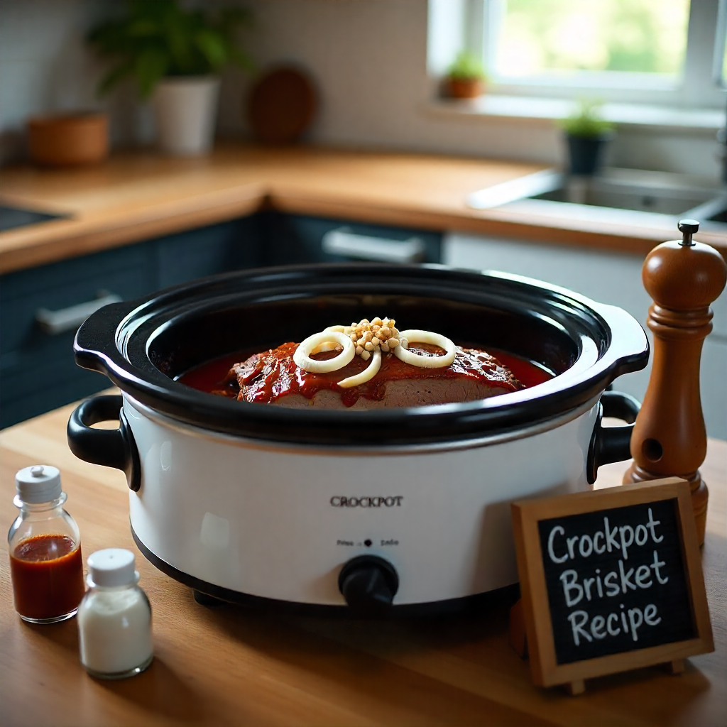 Crockpot with brisket on a kitchen counter, accompanied by spices and a recipe sign.