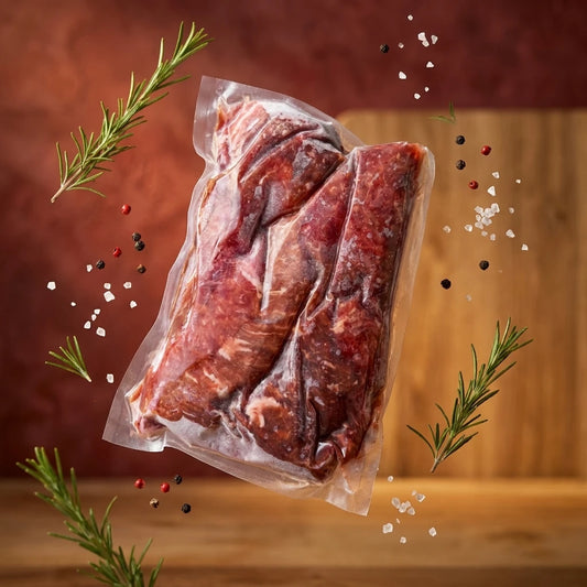 Frozen cubed steak pack floating with rosemary sprigs and peppercorns on a red backdrop