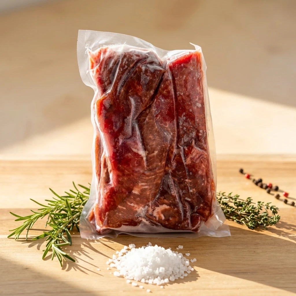 Cubed steak in a vacuum-sealed pack standing on a board with rosemary, thyme, and salt