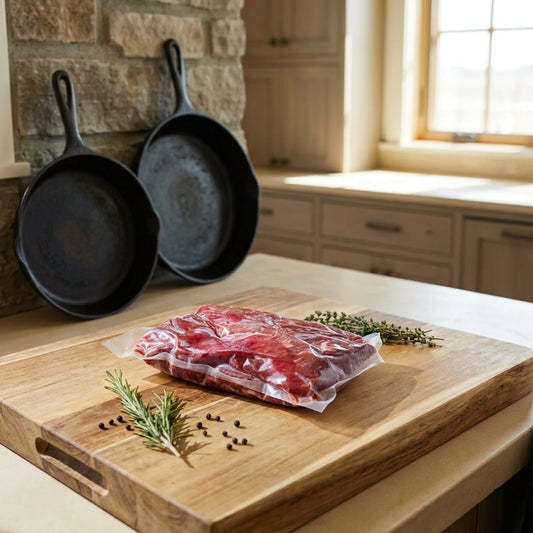 Diamond D Ranch cubed steak vacuum pack on a cutting board with cast iron skillets