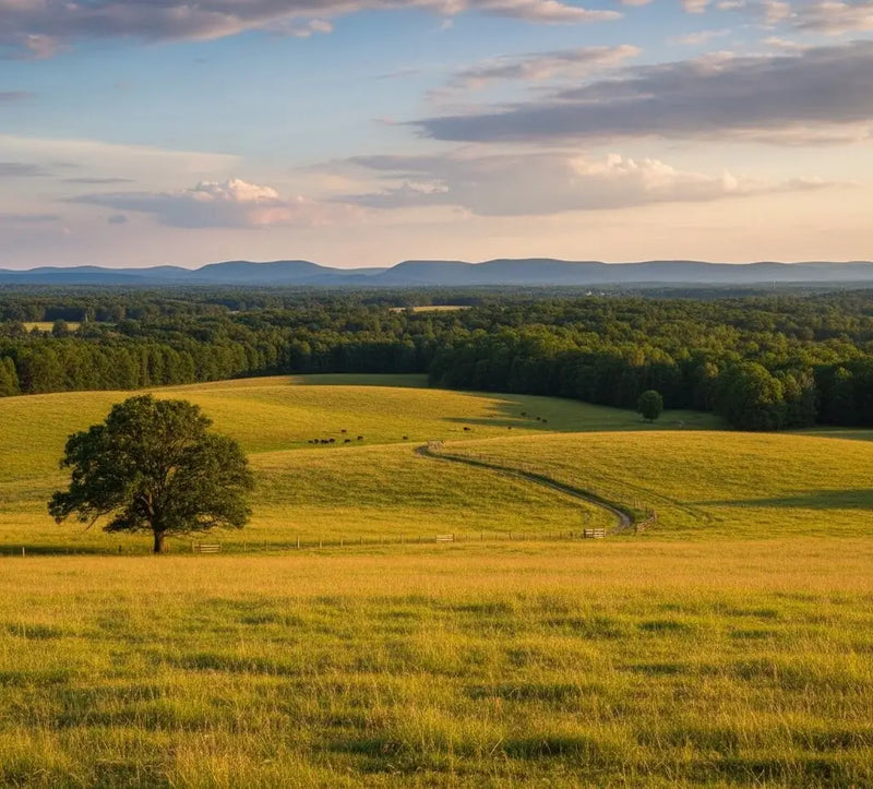Lush green fields in Diamond D Ranch with a solitary tree under a blue sky with scattered clouds