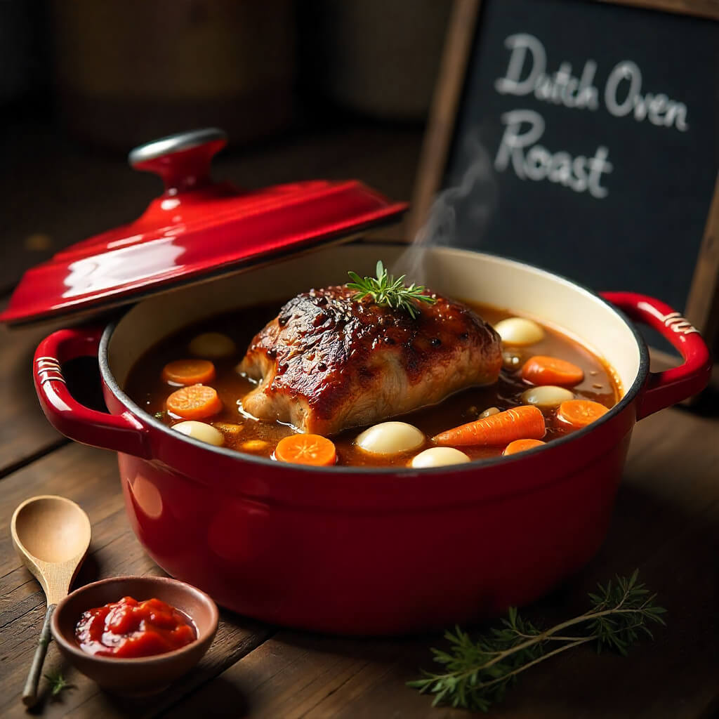 Dutch oven with a pot roast and vegetables on a wooden table, with a chalkboard sign in the background labeled "Dutch Oven Roast".