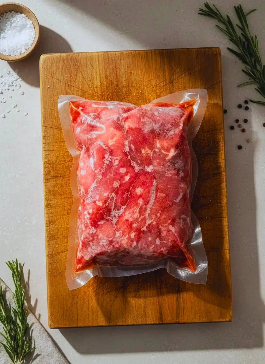 Diamond D Ranch vacuum-sealed beef fajita strips on a wooden board with herbs and salt in the background.