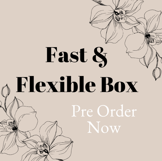 Promotional text for a 'Fast & Flexible Box' with floral illustrations on a beige background.