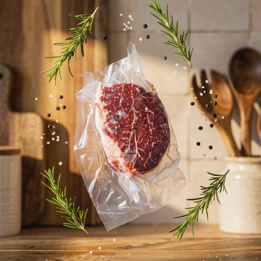 A grass fed filet mignon vacuum-sealed in clear plastic packaging, floating above a wooden kitchen counter with rosemary sprigs, salt, pepper, and wooden utensils
