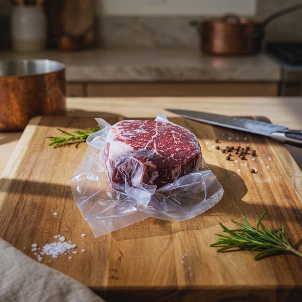 Filet mignon in clear vacuum packaging sits on a wooden cutting board with rosemary sprigs, coarse salt, and a knife nearby in a kitchen setting.