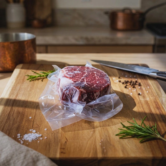 Filet mignon in clear vacuum packaging sits on a wooden cutting board with rosemary sprigs, coarse salt, and a knife nearby in a kitchen setting.