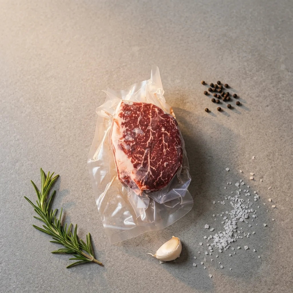 Filet mignon sealed in a clear plastic vacuum bag, arranged on a gray surface with a rosemary sprig, a garlic bulb, coarse salt, and peppercorns.