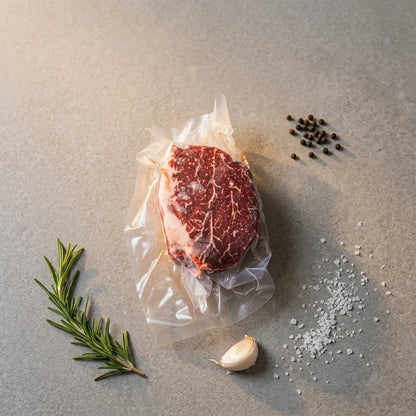 Filet mignon sealed in a clear plastic vacuum bag, arranged on a gray surface with a rosemary sprig, a garlic bulb, coarse salt, and peppercorns.