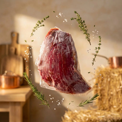 A raw flank steak wrapped in clear plastic, suspended in a styled kitchen scene with herbs, salt crystals, a cutting board, and copper cookware