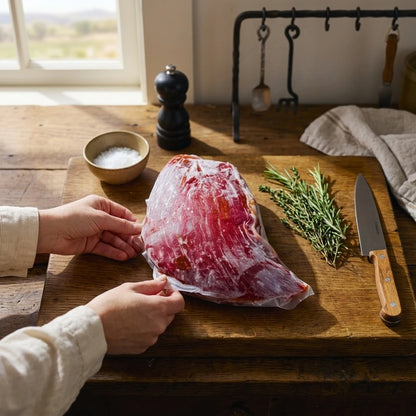 A person's hands are shown handling a vacuum-sealed flank steak on a rustic wooden cutting board, with a knife