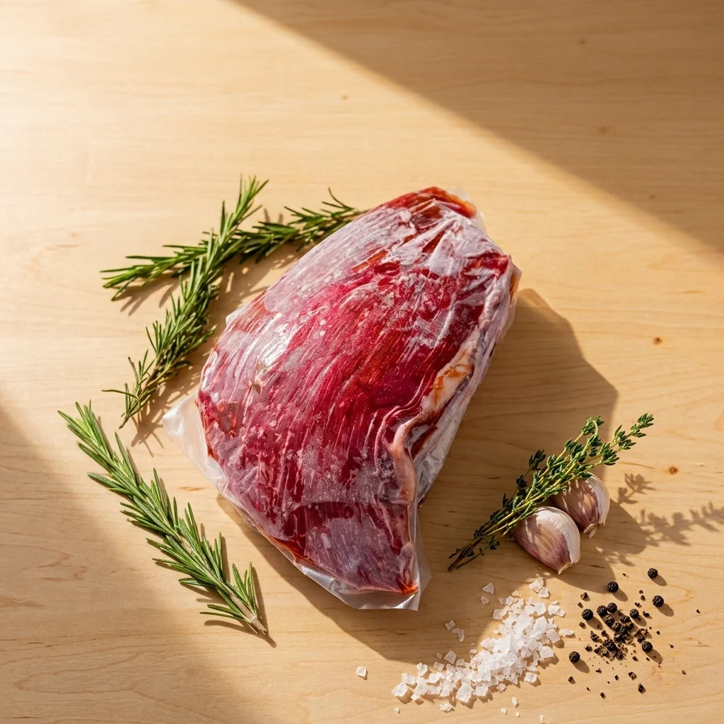 A vacuum-sealed flank steak on a light wood surface, styled with rosemary sprigs, a clove of garlic