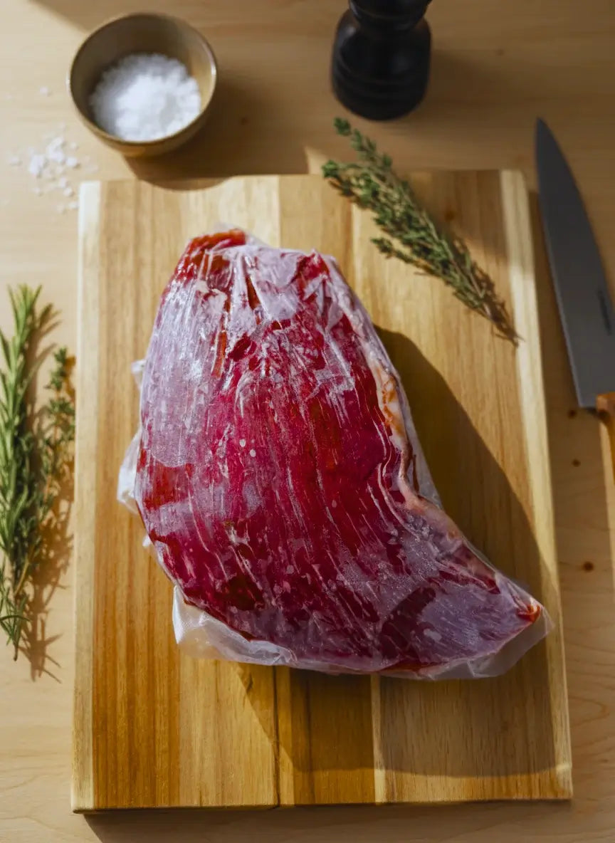 Diamond D Ranch frozen vacuum-sealed flank steak on a wooden board, perfect for any beef steak tacos recipes.