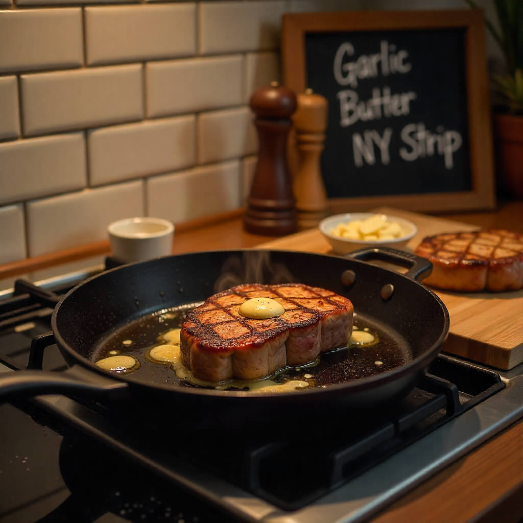 Garlic butter NY Strip steak cooking in a pan on a stove with a chalkboard sign in the background.