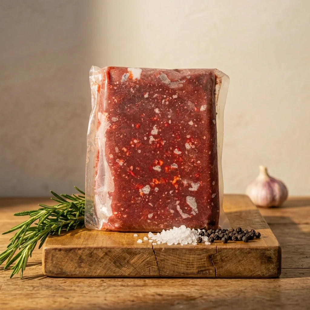 A vacuum-sealed package of raw red meat, likely beef or lamb, standing on a wooden cutting board with rosemary, coarse salt, black peppercorns, and a garlic bulb 