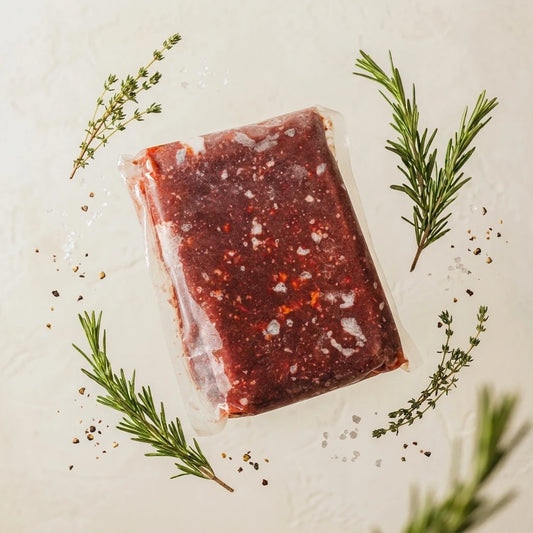 A vacuum-sealed package of red bresaola meat, styled with fresh rosemary sprigs, sea salt, and black pepper