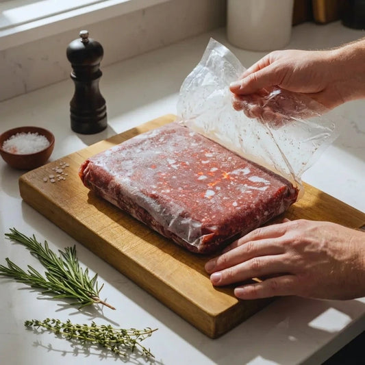 A person's hands are shown removing a clear plastic bag from a raw, frozen rectangular piece of meat on a wooden cutting board, with rosemary, a pepper mill, and a small bowl of salt