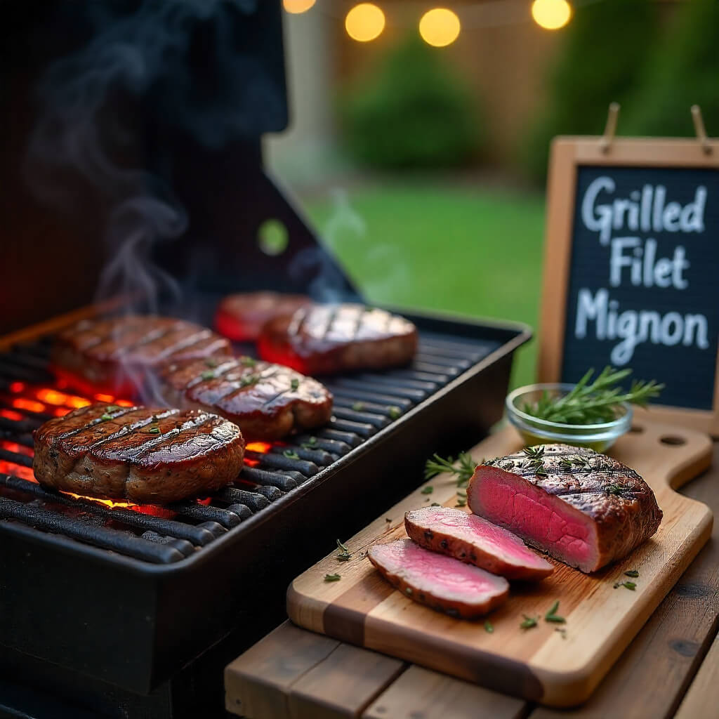 Grilled filet mignon on a barbecue with a chalkboard sign indicating the type of meat.