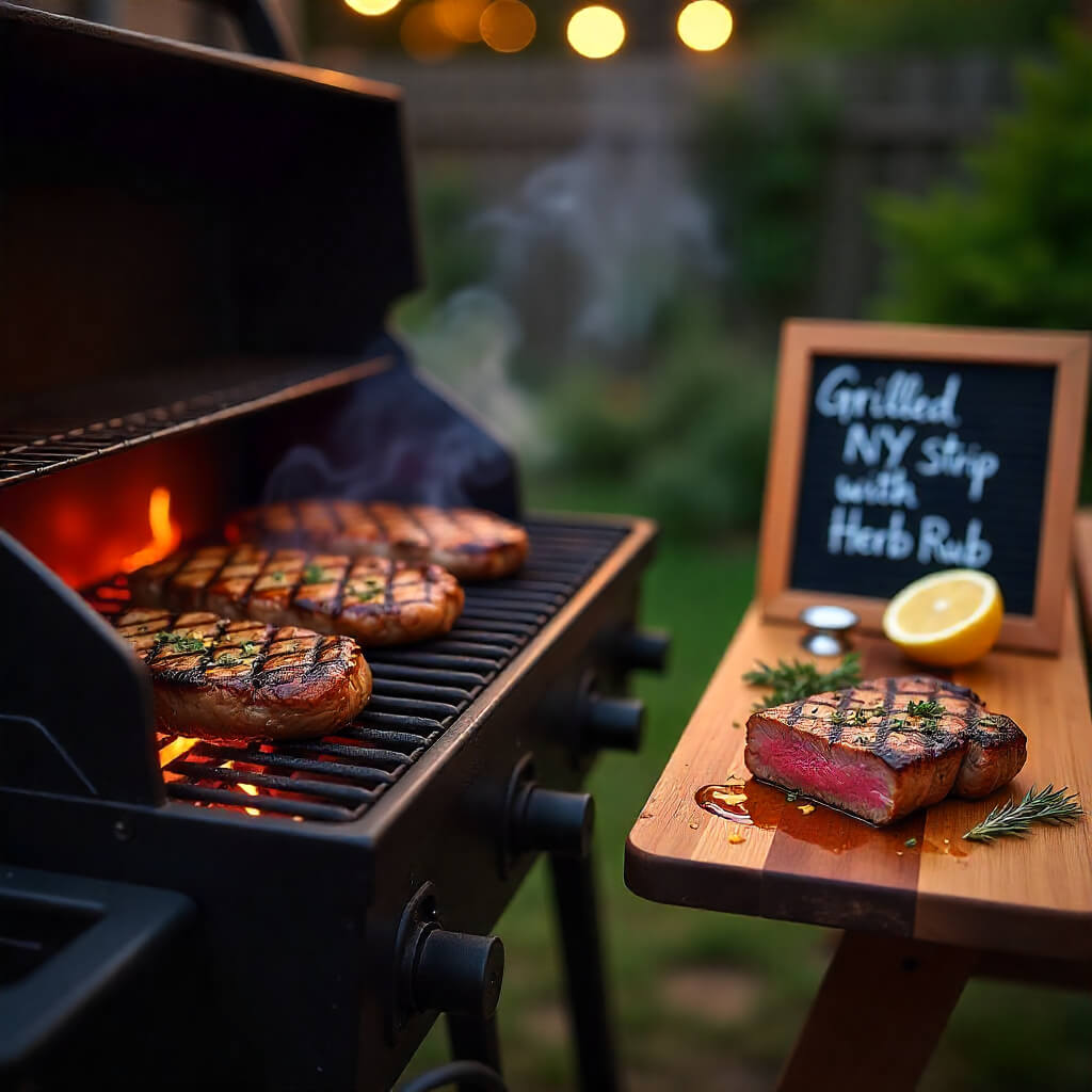 Grilled NY strip steak on a barbecue with a small chalkboard sign in the background.