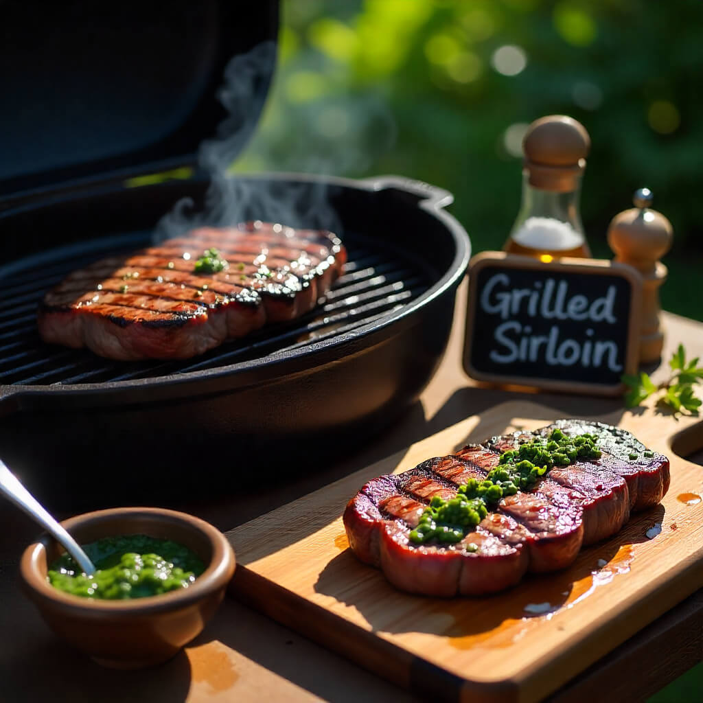 Grilled sirloin on a grill, accompanied by a side of chimichurri, served on a wooden board outdoors.