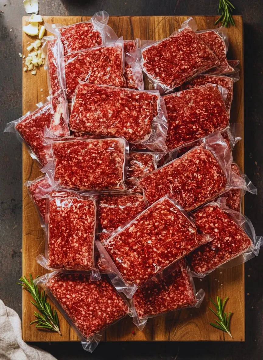 Plastic-wrapped packs of ground meat are stacked, ready for burger & ground beef taco recipes from Diamond D Ranch.