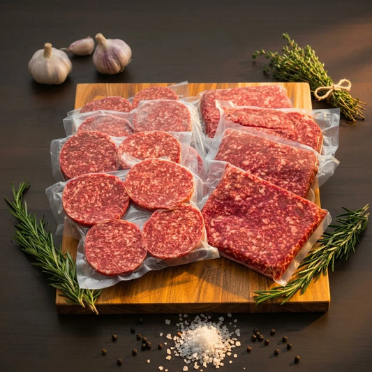 Vacuum-sealed raw ground beef and patties arranged on a wooden cutting board, styled with garlic bulbs, rosemary sprigs, coarse salt, and peppercorns