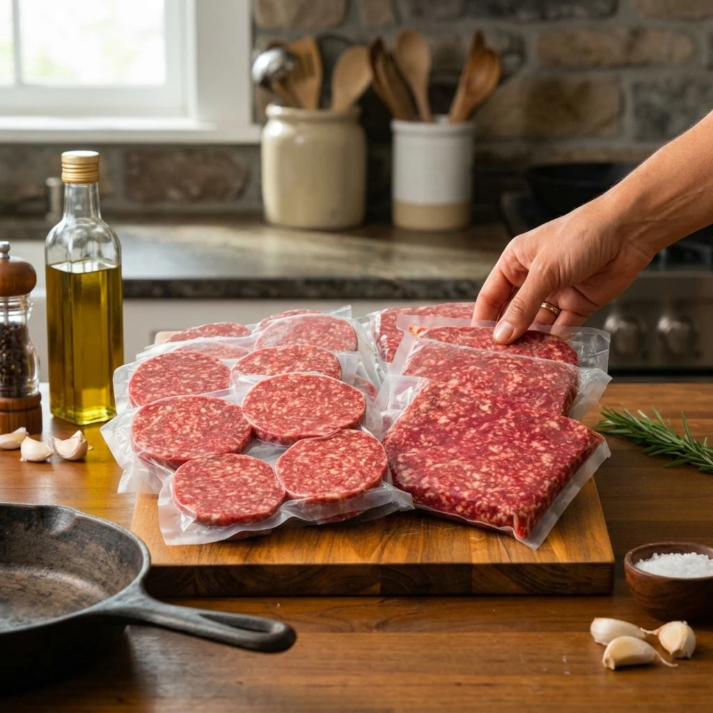 Vacuum-sealed grass fed ground meat and burger patties arranged on a wooden cutting board in a kitchen setting, with a person's hand reaching toward the packaged beefs.