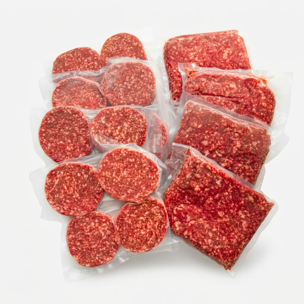 Vacuum-sealed packages of grass fed ground beef and pre made burger patties, including several round slices and several rectangular chunks, arranged on a clean white background.