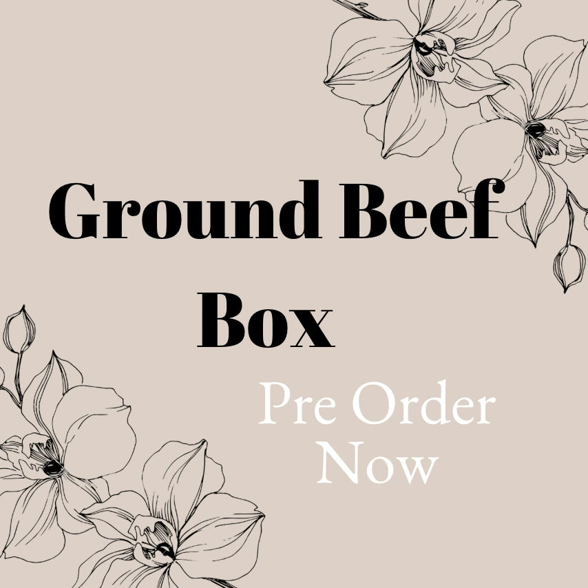Promotional graphic for 'Ground Beef Box' pre-order with floral illustrations on a beige background