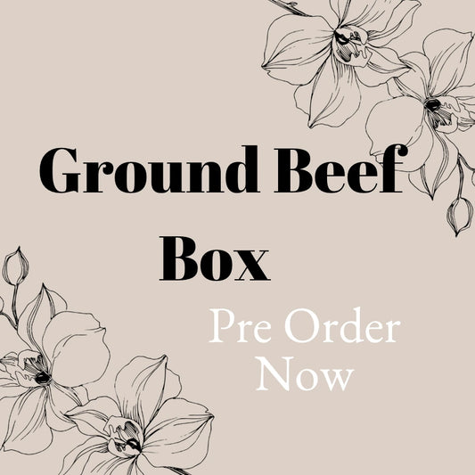 Promotional graphic for 'Ground Beef Box' pre-order with floral illustrations on a beige background