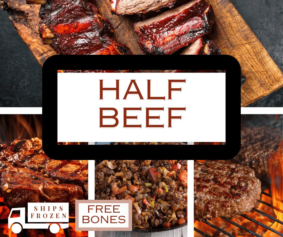 Promotional graphic for a beef product listing with multiple food photos of cooked beef, including ribs, steak, and ground meat