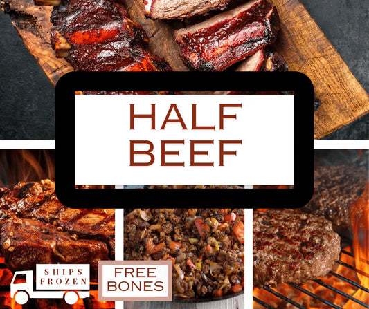 Promotional graphic for a beef product listing with multiple food photos of cooked beef, including ribs, steak, and ground meat