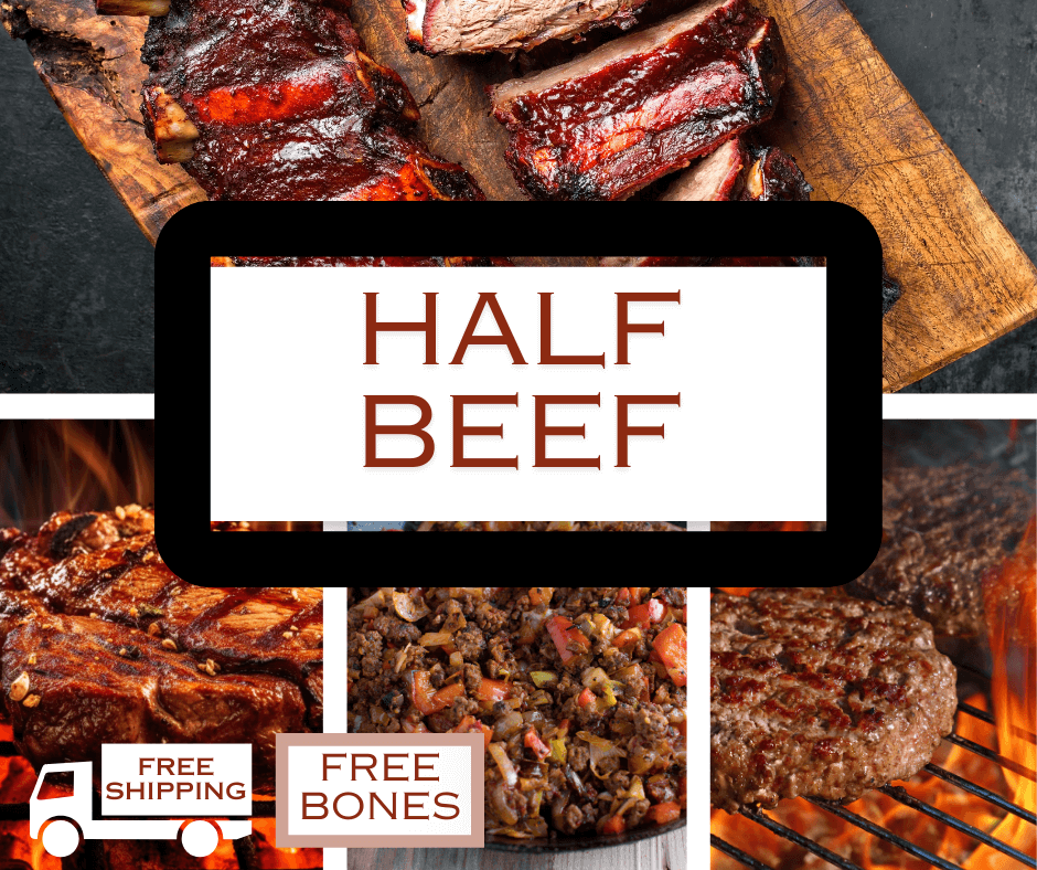 Collage of various grilled beef cuts labeled "Half Beef" with images of juicy ribs, burgers on a grill, and seasoned beef dices. Includes "Free Shipping" and "Free Bones."
