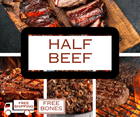 Collage of various grilled beef cuts labeled "Half Beef" with images of juicy ribs, burgers on a grill, and seasoned beef dices. Includes "Free Shipping" and "Free Bones."