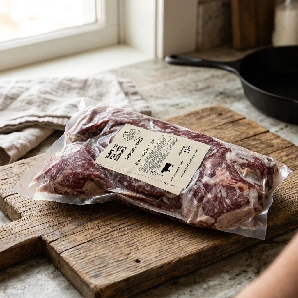 Hanger steak layed flat on a chopping board