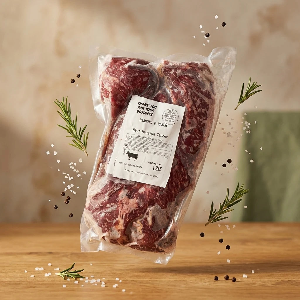 Hanger steak floating with herbs, salt and pepper