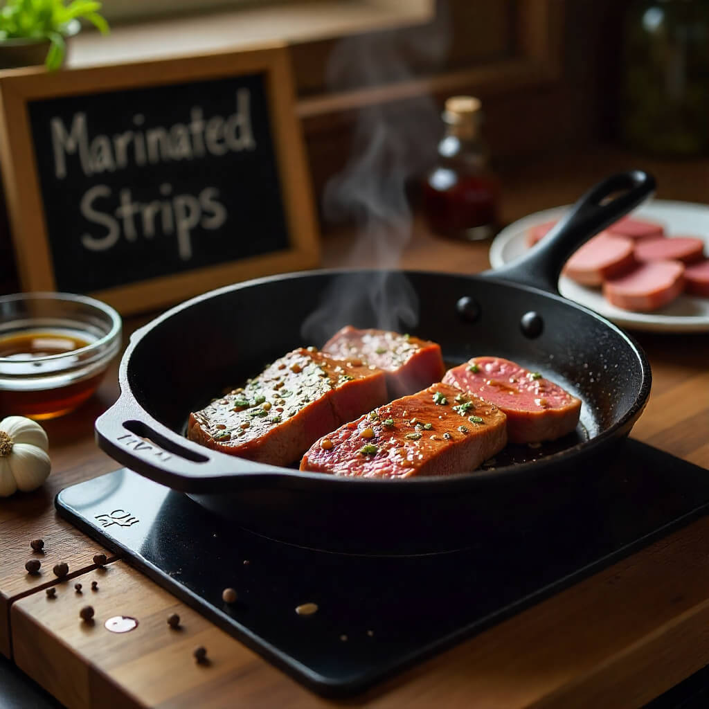 Slices of marinated meat cooking in a black skillet on a wooden surface with a sign reading 'Marinated Strips'.