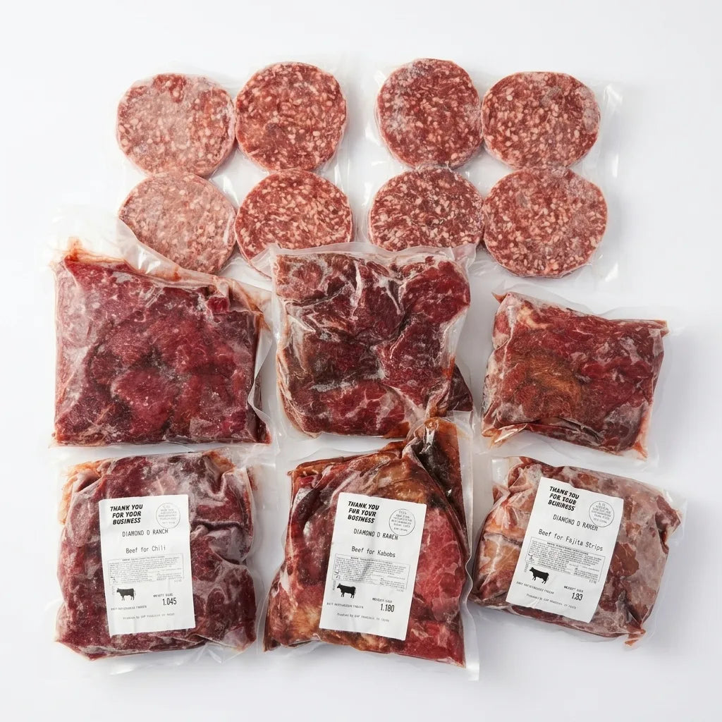 Multiple beef parts in a meal prep box from Diamond D Ranch in white background
