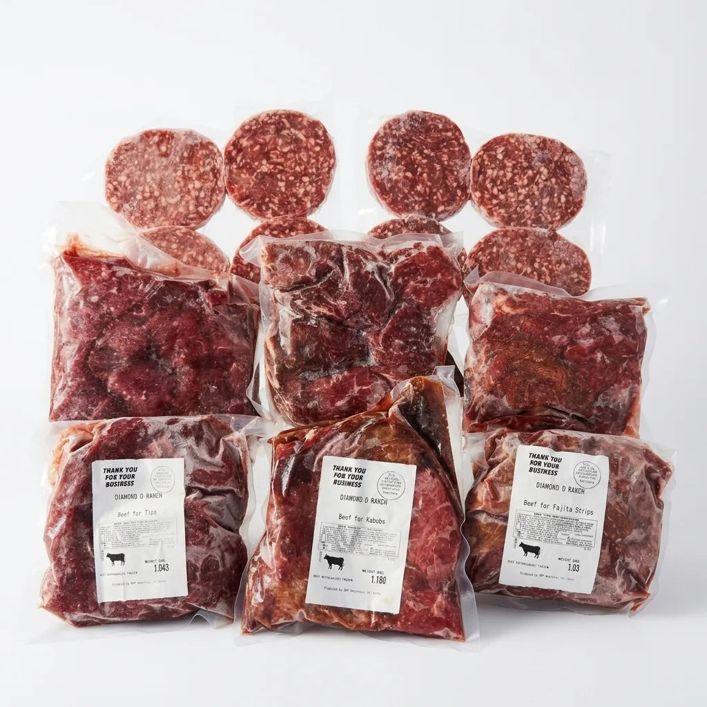 Six vacuum-sealed packages of raw beef jerky and two packages of sliced cured meat arranged on a plain white background.