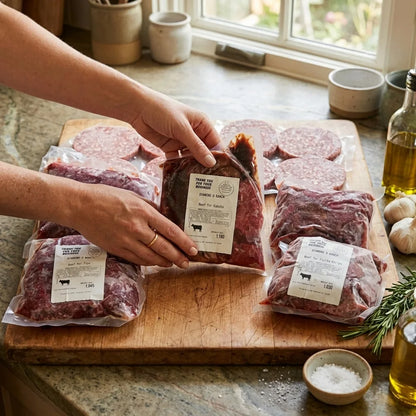 A person's hands are shown holding a vacuum-sealed package of meal prep beef package over a wooden cutting board