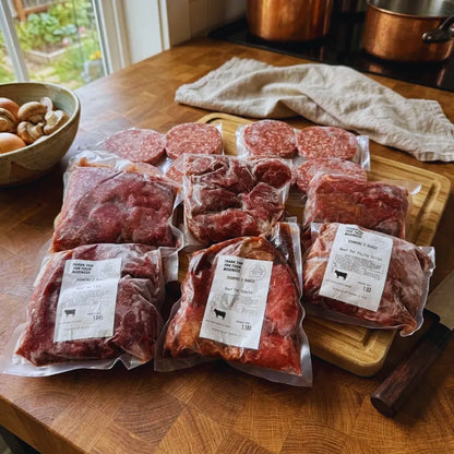 Multiple vacuum-sealed packages of raw beef and sausage meat arranged on a wooden cutting board and countertop in a kitchen setting. 