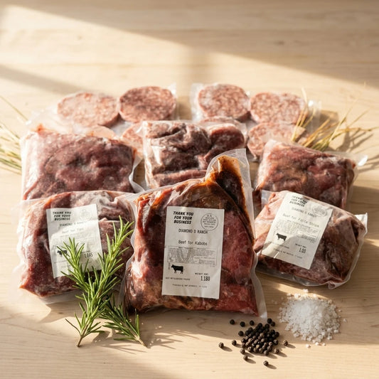 Multiple vacuum-sealed packages of meal prep box from Diamond D Ranch with herbs, salt and pepper.