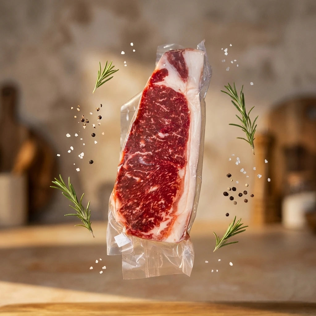 New York strip steak from Diamond D Ranch floating with rosemary, salt, and peppercorns
