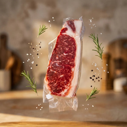 New York strip steak from Diamond D Ranch floating with rosemary, salt, and peppercorns