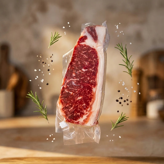 New York strip steak from Diamond D Ranch floating with rosemary, salt, and peppercorns