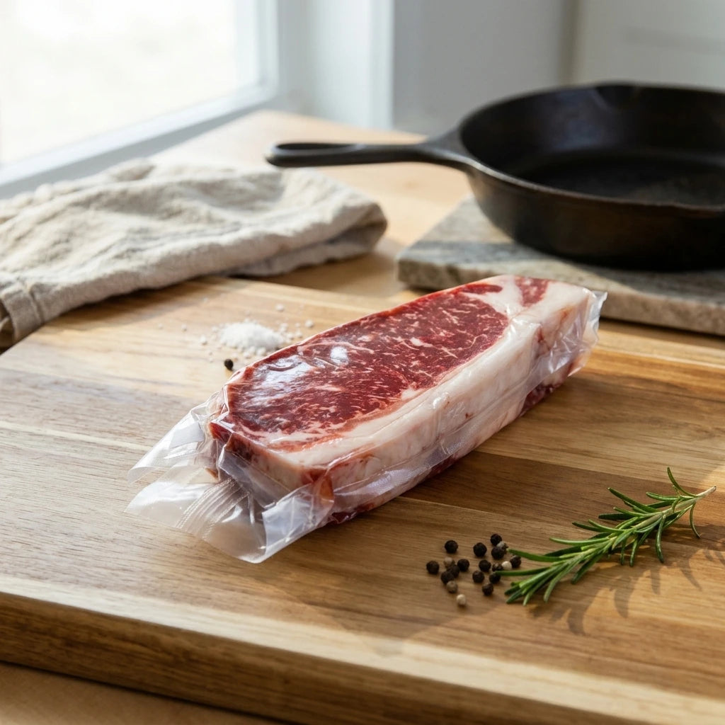 Grass-fed New York strip steak in its pack on a cutting board beside a cast iron skillet
