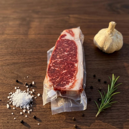 Raw New York strip steak with rich marbling, vacuum sealed on a white background