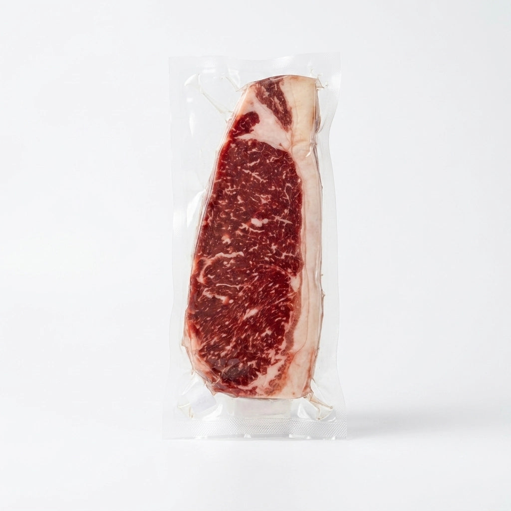 Raw New York strip steak with rich marbling, vacuum sealed on a white background